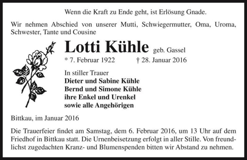  Traueranzeige für Lotti Kühle (geb. Gassel)  vom 02.02.2016 aus Magdeburger Volksstimme