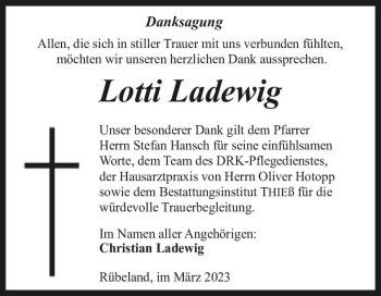 Traueranzeige von Lotti Ladewig  von Magdeburger Volksstimme