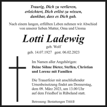Traueranzeige von Lotti Ladewig (geb. Wolf)  von Magdeburger Volksstimme