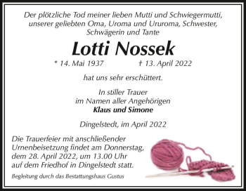 Traueranzeige von Lotti Nossek  von Magdeburger Volksstimme
