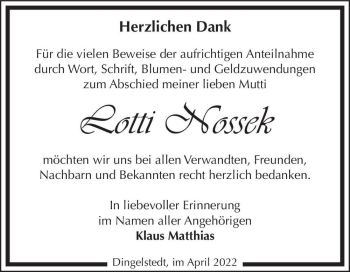 Traueranzeige von Lotti Nossek  von Magdeburger Volksstimme