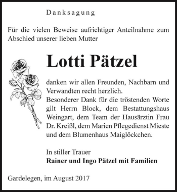 Traueranzeige von Lotti Pätzel  von Magdeburger Volksstimme