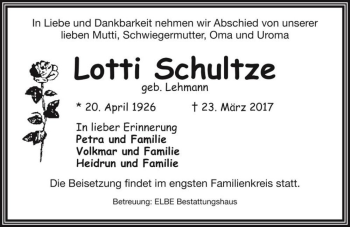 Traueranzeige von Lotti Schultze (geb. Lehmann)  von Magdeburger Volksstimme
