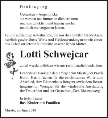 Traueranzeige von Lotti Schwejcar  von Magdeburger Volksstimme
