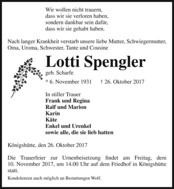 Traueranzeige von Lotti Spengler (geb. Scharfe)  von Magdeburger Volksstimme