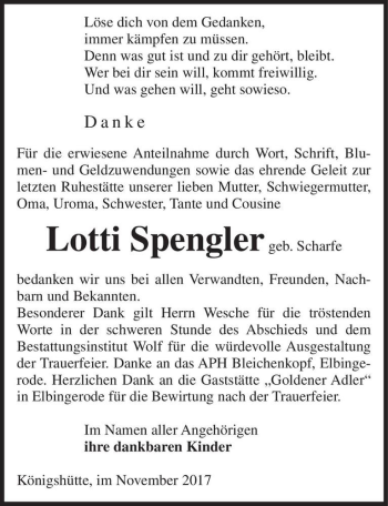 Traueranzeige von Lotti Spengler (geb. Scharfe)  von Magdeburger Volksstimme