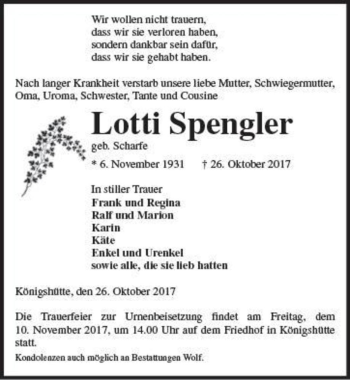 Traueranzeige von Lotti Spengler (geb. Scharfe)  von Magdeburger Volksstimme