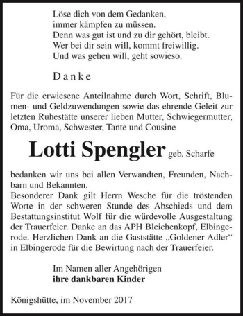 Traueranzeige von Lotti Sprengler (geb. Scharfe)  von Magdeburger Volksstimme