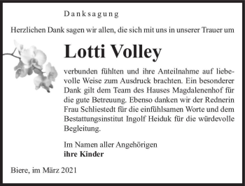 Traueranzeige von Lotti Volley  von Magdeburger Volksstimme
