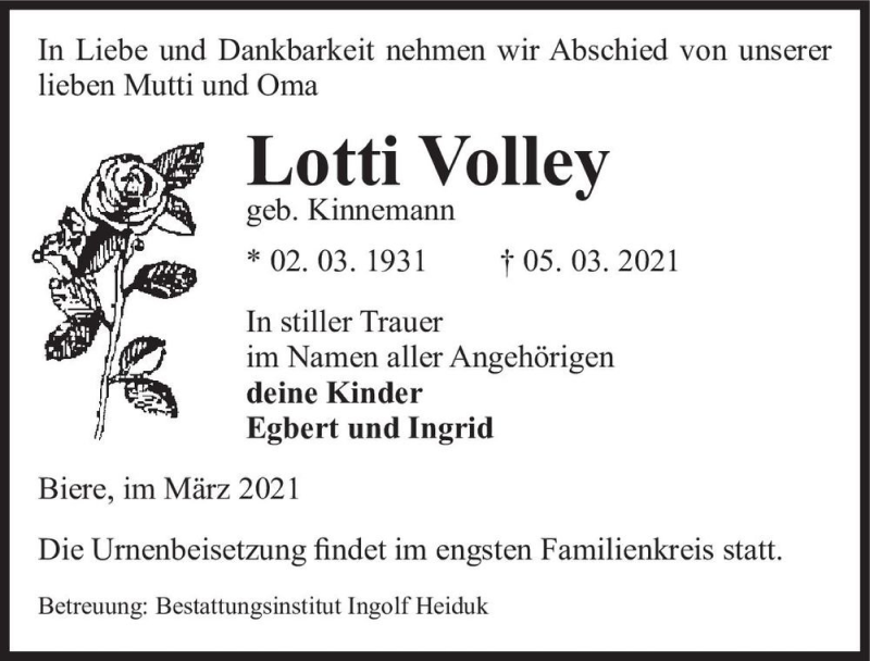  Traueranzeige für Lotti Volley (geb. Kinnemann)  vom 13.03.2021 aus Magdeburger Volksstimme