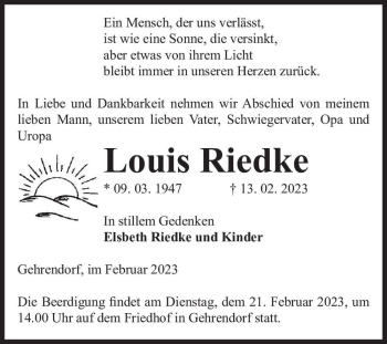 Traueranzeige von Louis Riedke  von Magdeburger Volksstimme