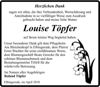 Traueranzeige von Louise Töpfer  von Magdeburger Volksstimme