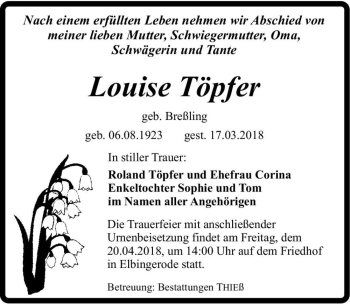 Traueranzeige von Louise Töpfer (geb. Breßling)  von Magdeburger Volksstimme