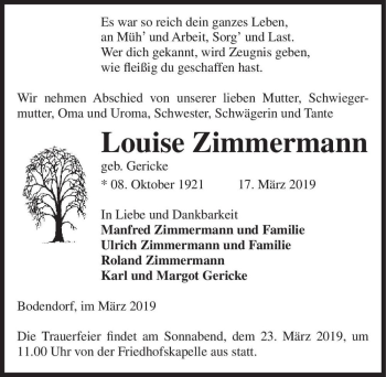 Traueranzeige von Louise Zimmermann (geb. Gericke)  von Magdeburger Volksstimme