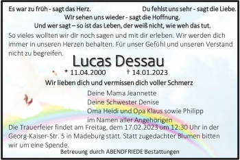 Traueranzeige von Lucas Dessau  von Magdeburger Volksstimme