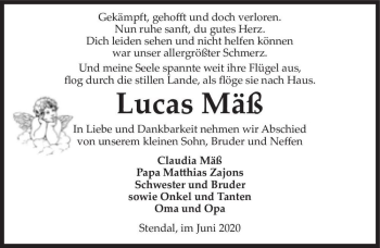 Traueranzeige von Lucas Mäß  von Magdeburger Volksstimme