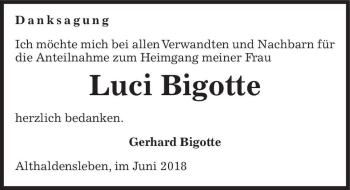 Traueranzeige von Luci Bigotte  von Magdeburger Volksstimme