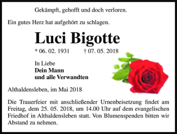Traueranzeige von Luci Bigotte  von Magdeburger Volksstimme