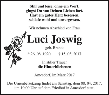 Traueranzeige von Luci Joswig (geb. Brandt)  von Magdeburger Volksstimme