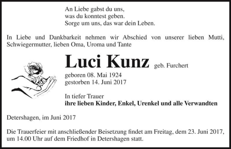  Traueranzeige für Luci Kunz (geb. Furchert)  vom 17.06.2017 aus Magdeburger Volksstimme
