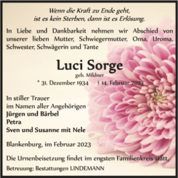 Traueranzeige von Luci Sorge (geb. Mildner)  von Magdeburger Volksstimme