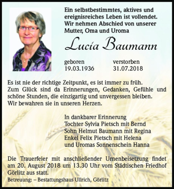 Traueranzeige von Lucia Baumann  von Magdeburger Volksstimme