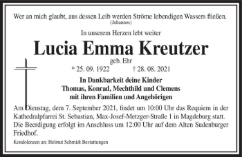 Traueranzeige von Lucia Emma Kreutzer (geb. Ehr)  von Magdeburger Volksstimme