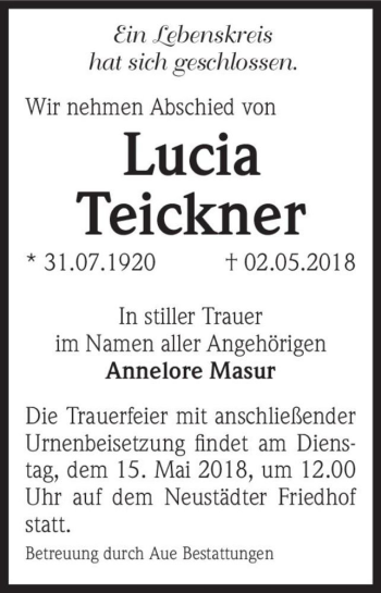 Traueranzeige von Lucia Teickner  von Magdeburger Volksstimme