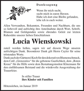Traueranzeige von Lucia Wienskowski  von Magdeburger Volksstimme