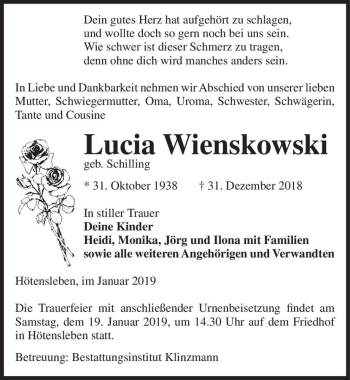 Traueranzeige von Lucia Wienskowski (geb. Schilling)  von Magdeburger Volksstimme