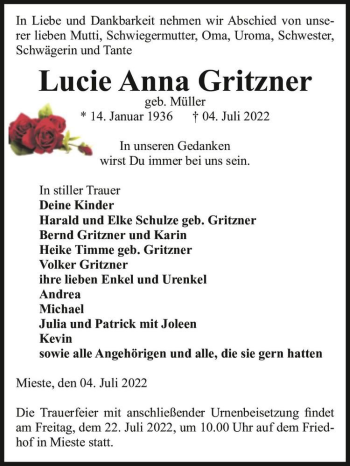 Traueranzeige von Lucie Anna Gritzner (geb. Müller)  von Magdeburger Volksstimme