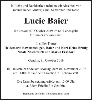 Traueranzeige von Lucie Baier  von Magdeburger Volksstimme