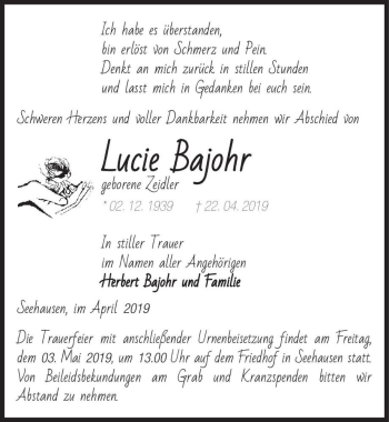 Traueranzeige von Lucie Bajohr (geb. Zeidler)  von Magdeburger Volksstimme