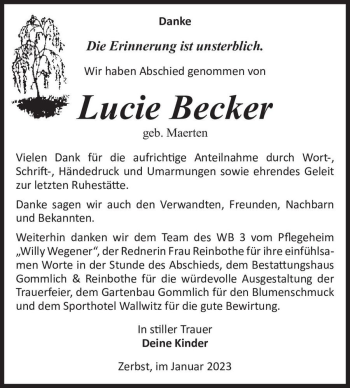 Traueranzeige von Lucie Becker (geb. Maerten)  von Magdeburger Volksstimme