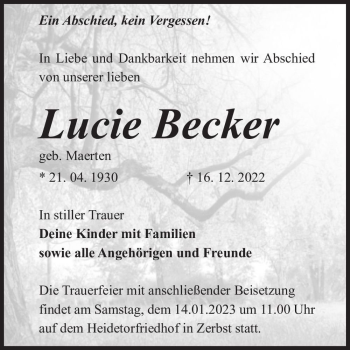 Traueranzeige von Lucie Becker (geb. Maerten)  von Magdeburger Volksstimme