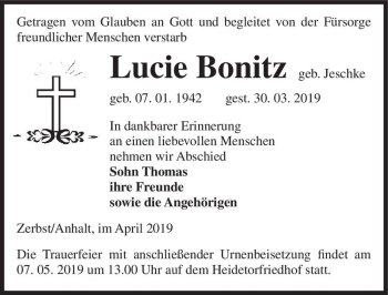 Traueranzeige von Lucie Bonitz (geb. Jeschke)  von Magdeburger Volksstimme
