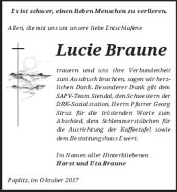Traueranzeige von Lucie Braune  von Magdeburger Volksstimme
