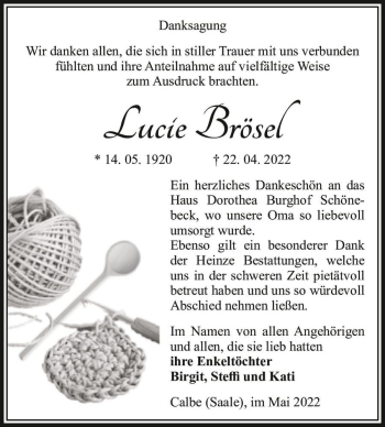 Traueranzeige von Lucie Brösel  von Magdeburger Volksstimme