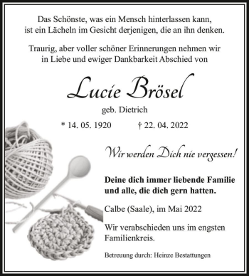 Traueranzeige von Lucie Brösel (geb. Dietrich)  von Magdeburger Volksstimme