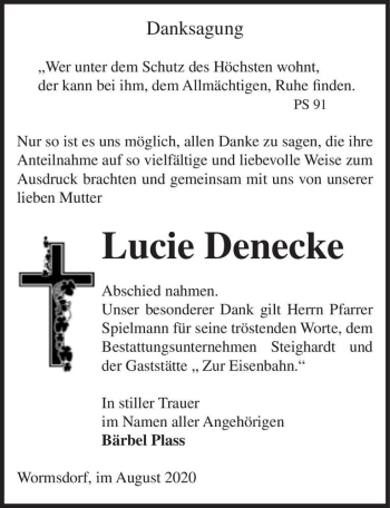 Traueranzeige von Lucie Denecke  von Magdeburger Volksstimme