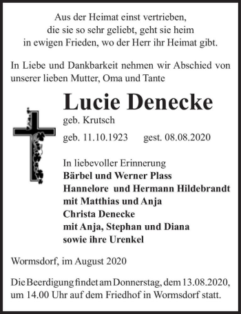 Traueranzeige von Lucie Denecke (geb. Krutsch)  von Magdeburger Volksstimme