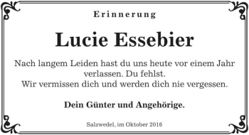 Traueranzeige von Lucie Essebier  von Magdeburger Volksstimme