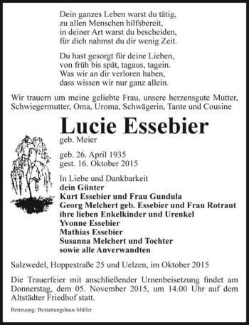 Traueranzeige von Lucie Essebier (geb. Meier)  von Magdeburger Volksstimme