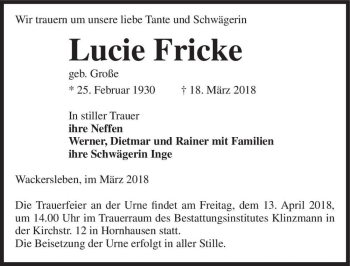 Traueranzeige von Lucie Fricke (geb. Große)  von Magdeburger Volksstimme