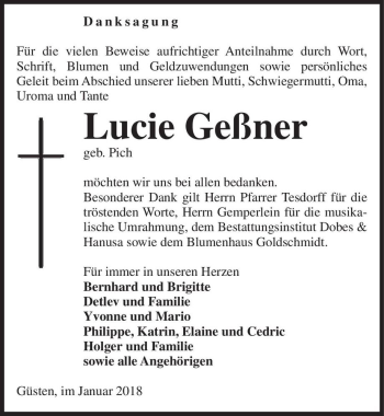 Traueranzeige von Lucie Geßner (geb. Pich)  von Magdeburger Volksstimme