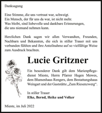 Traueranzeige von Lucie Gritzner  von Magdeburger Volksstimme
