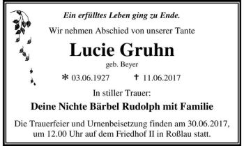 Traueranzeige von Lucie Gruhn (geb. Beyer)  von Magdeburger Volksstimme