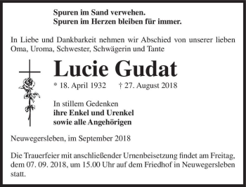 Traueranzeige von Lucie Gudat  von Magdeburger Volksstimme