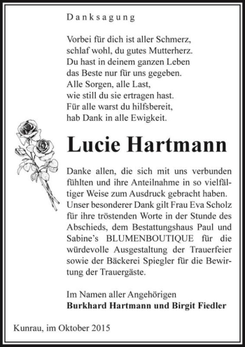 Traueranzeige von Lucie Hartmann  von Magdeburger Volksstimme