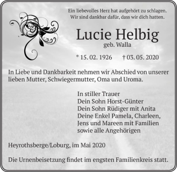 Traueranzeige von Lucie Helbig (geb. Walla)  von Magdeburger Volksstimme